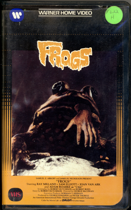 Frogs VHS cover art. Horror movie starring Ray Milland, Sam Elliott, Joan Van Ark, Adam Roarke, Judy Pace, Mae Mercer. Directed by George McCowan. 1972.