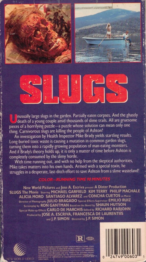 Slugs VHS back box cover art. 1988 movie starring Michael Garfield, Kim Terry, Philip MacHale, Concha Cuetos. Directed by J.P. Simon.