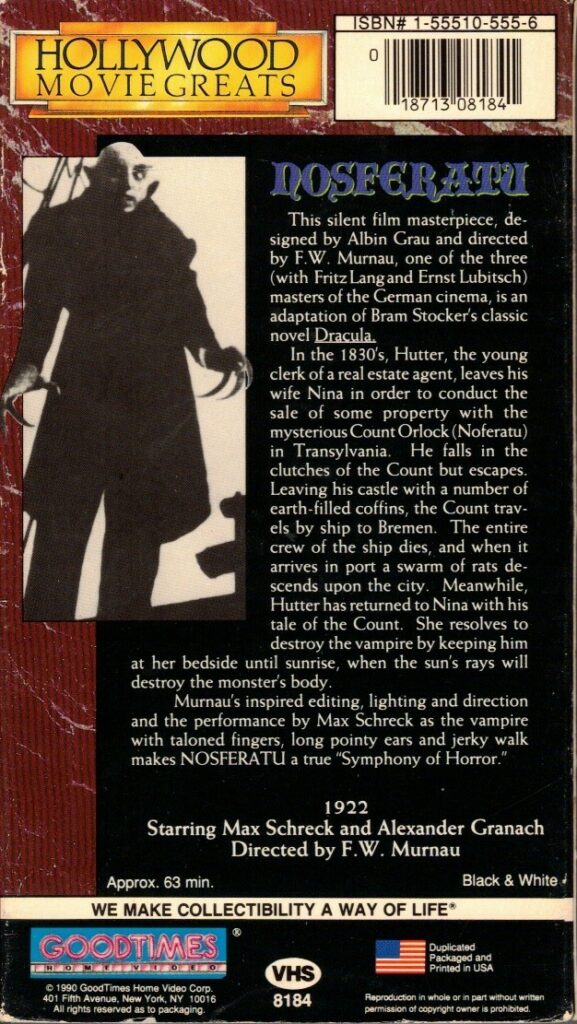 Nosferatu Hollywood Movie Greats VHS back cover