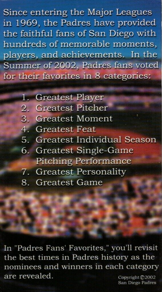 Padres Fans' Favorites VHS back cover scan