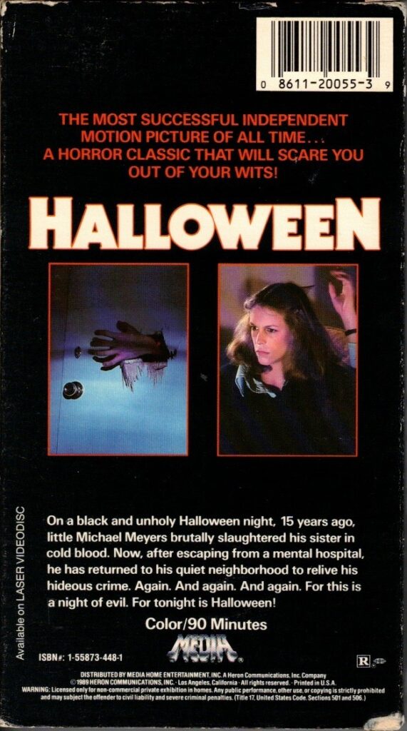 Halloween VHS back cover scan. Distributed by Media Home Entertainment.