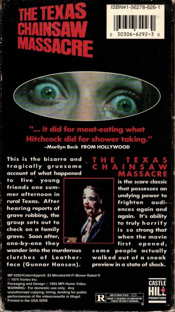 The Texas Chainsaw Massacre on VHS MPI version Restored, Uncut, Unedited. Back cover art scan